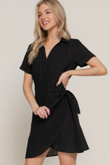 Button Down Side Bow Linen Effect Mini Dress