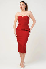 Thick Stretch Woven Sweetheart Neck Tube Midi Dress With Pocket Flap