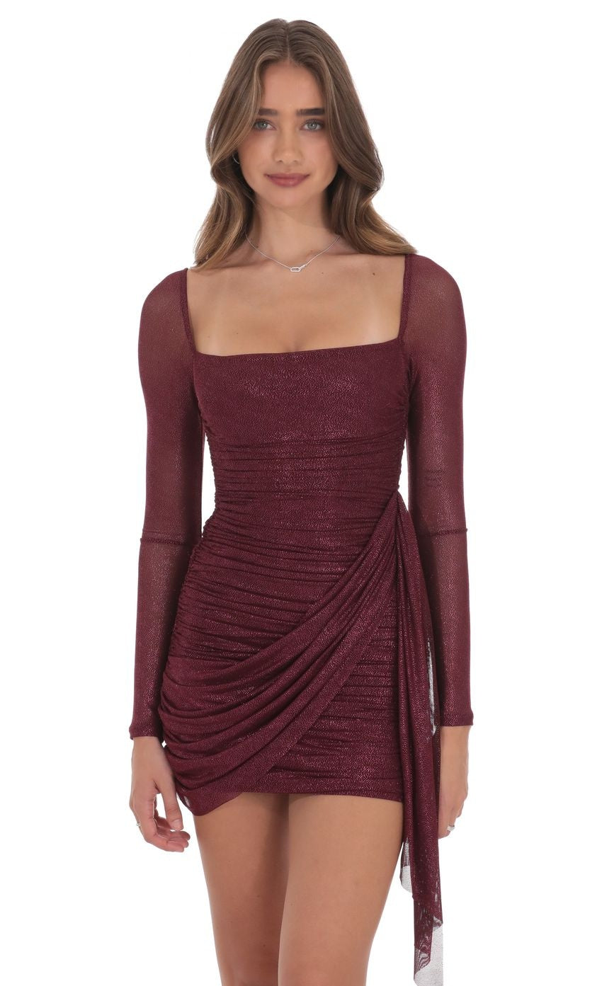 Foil Mesh Long Sleeve Tassel Dress in Burgundy