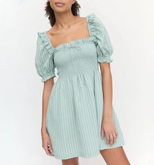 Couturebud The Scarlett Mini Nap Dress - Sage Green Tonal Seersucker