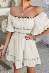 Off Shoulder Square Neck Ruffle Trim Short Dress