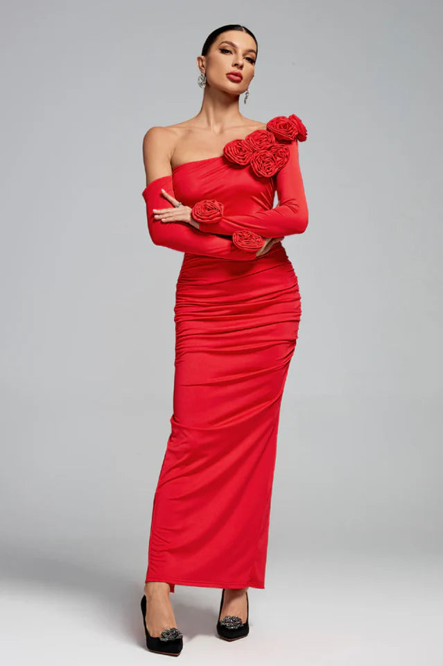 Slanted Shoulder Ruched Rose Flowers Dress
