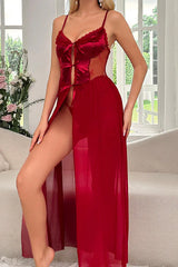 Red Satin Mesh Open Front Maxi Dress Thong Sexy 2Pc Lingerie Set