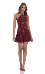 Floral Beaded Halter Dress in Burgundy