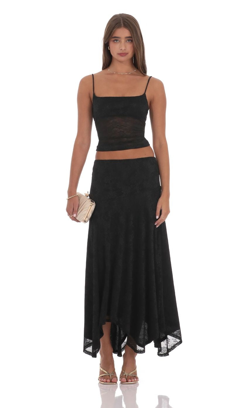 Asymmetrical Lace Maxi Skirt in Black