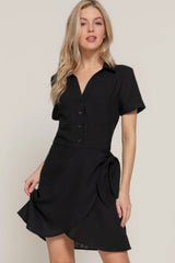 Button Down Side Bow Linen Effect Mini Dress