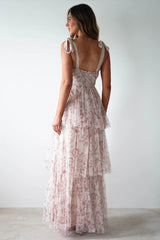 Tie Up Floral Print Tiered Maxi Dress