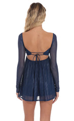 Foil Long Sleeve Babydoll Dress in Navy