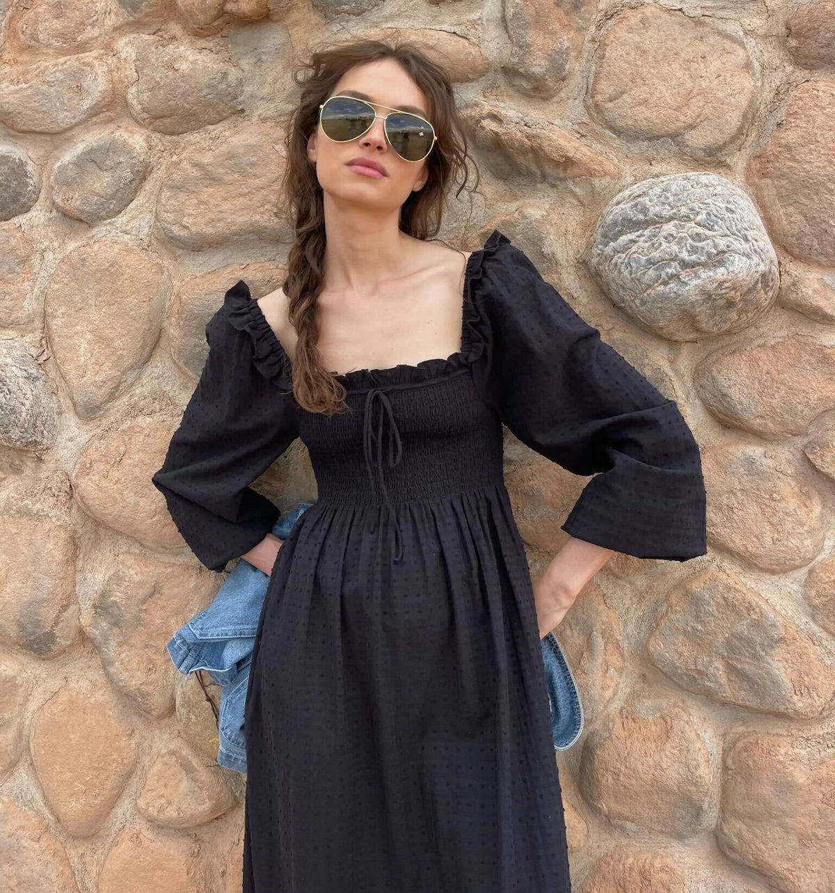 Couturebud The Scarlett Long Sleeve Nap Dress - Black Textured Dot