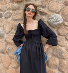 Couturebud The Scarlett Long Sleeve Nap Dress - Black Textured Dot