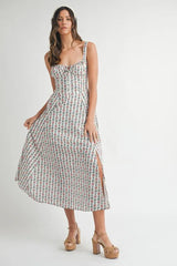 MABLE Floral Print Bustier Back Lace Up Midi Dress