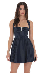 Pinstripe Halter Fit and Flare Dress in Navy