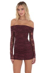 Off-the-Shoulder Long-Sleeve Lace Dress in Burgundy