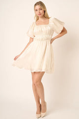 Mittoshop Metallic Organza Fabric Balloon Sleeve Mini Dress