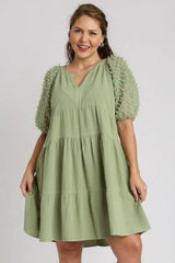 Umgee Full Size Linen Tiered A-Line Split Neck Dress Plus Size