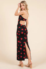 Sweet Heart Gathered Open Back Print Midi Dress
