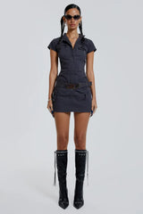 Belted Cargo Mini Dress In Grey