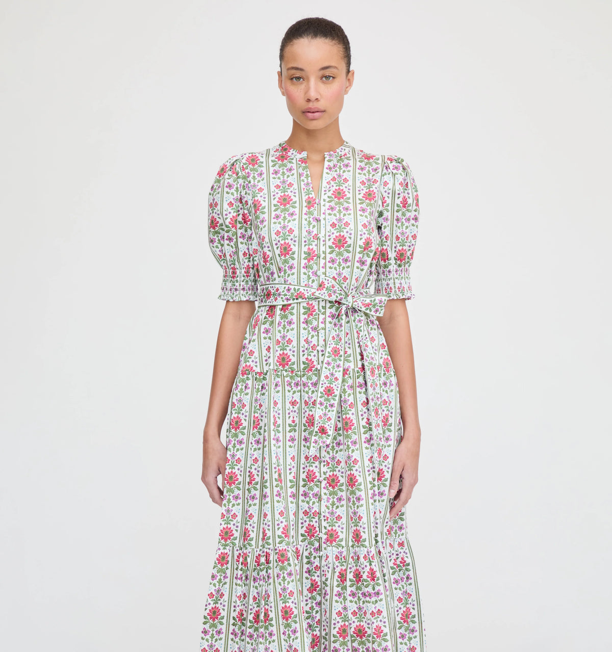 CouturebudThe Yara Dress - Green Floral Block Stripe