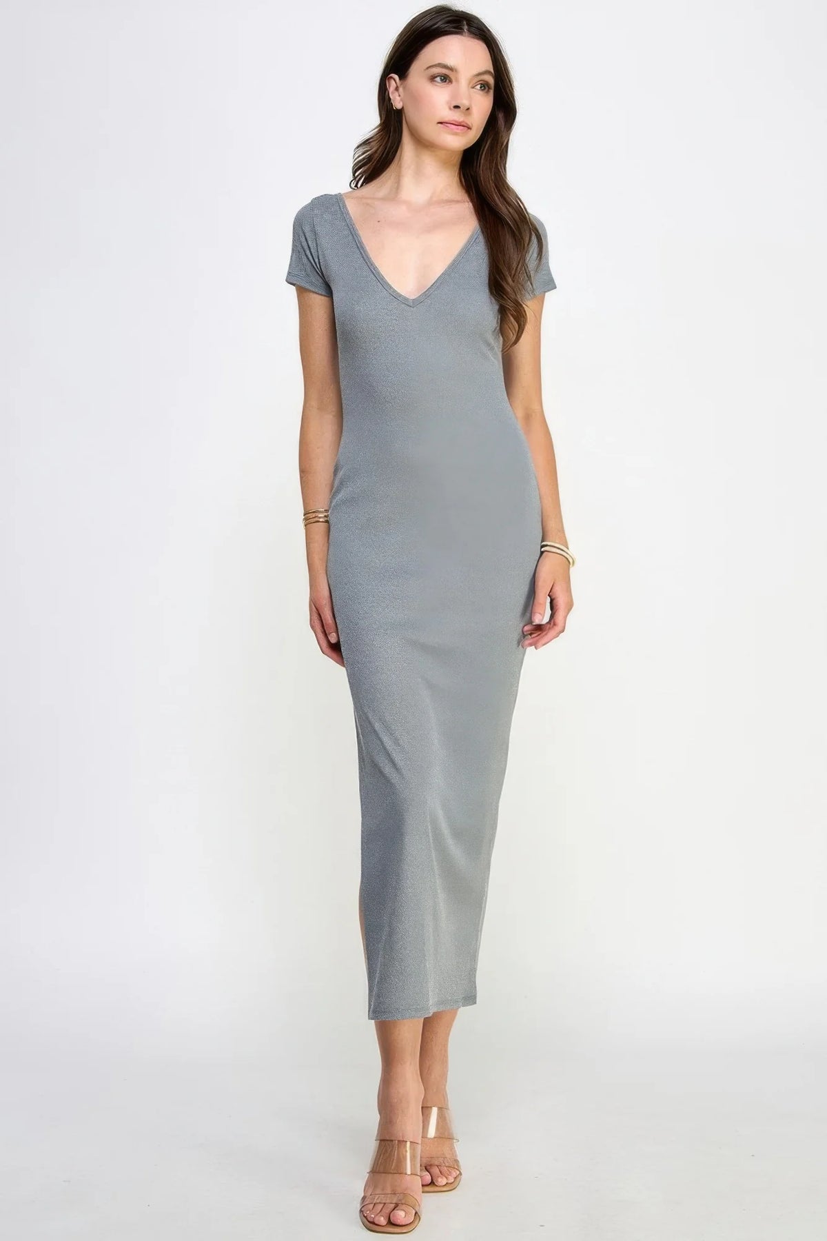 Double V-neck Ribbed Maxi Dress