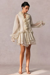 Olive Puff Sleeve Tiered Mini Dress