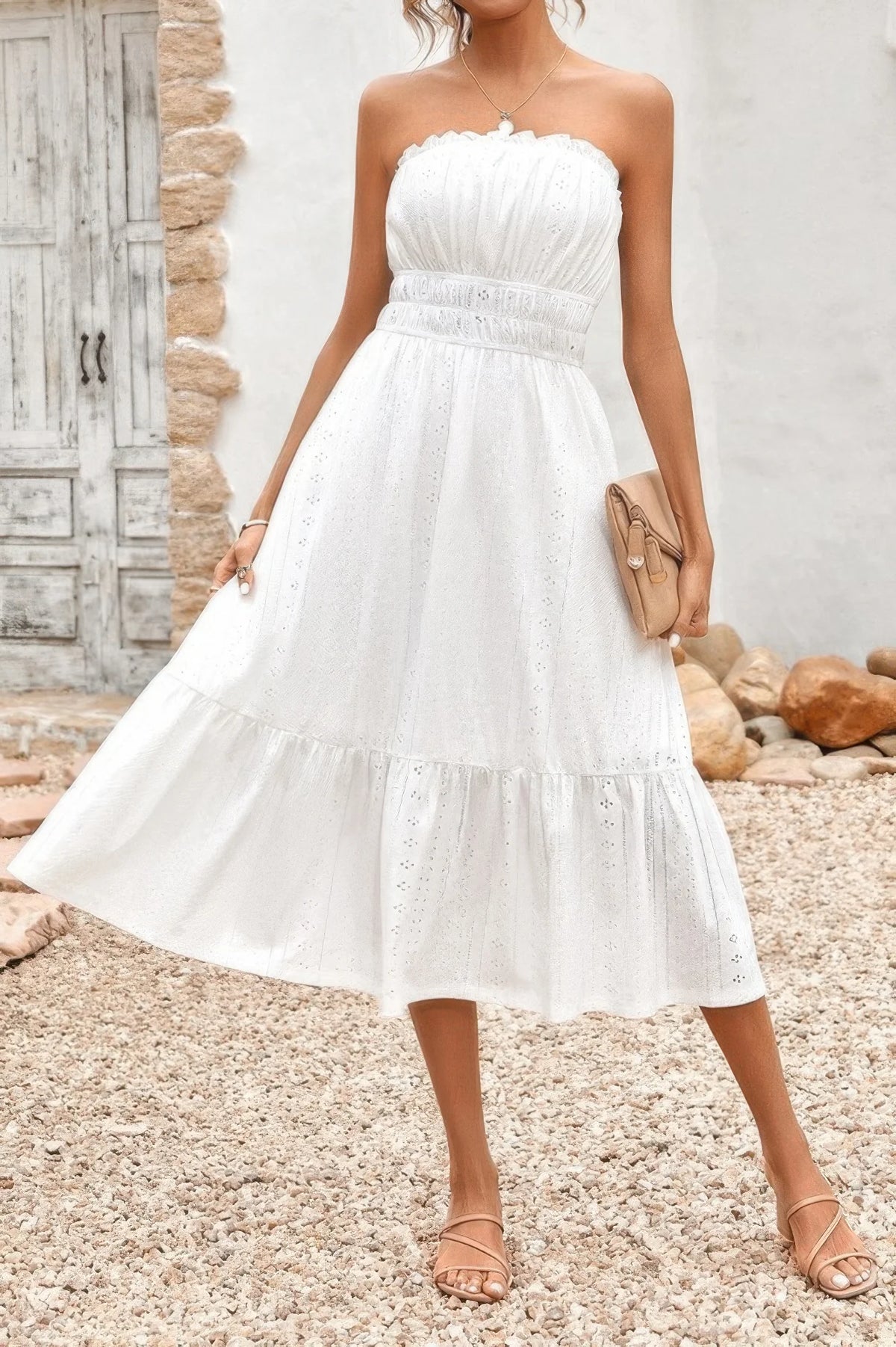Solid Off Shoulder Elasit Waist Ruffle Dress