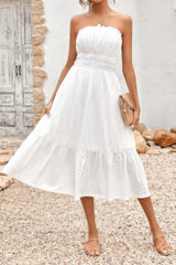 Solid Off Shoulder Elasit Waist Ruffle Dress