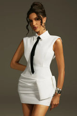 Lazaro Folded Collar Bow Mini Dress