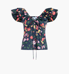 Couturebud The Zuri Top - Navy Peony Bouquet Cotton Sateen