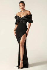 Presley Crepe Ruffle Shoulder Gown Dress