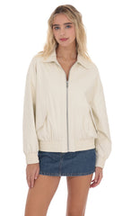 Woven Faux Leather Bomber Jacket in Ivory