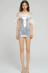 Eleni Off Shoulder Feather Sequin Dress