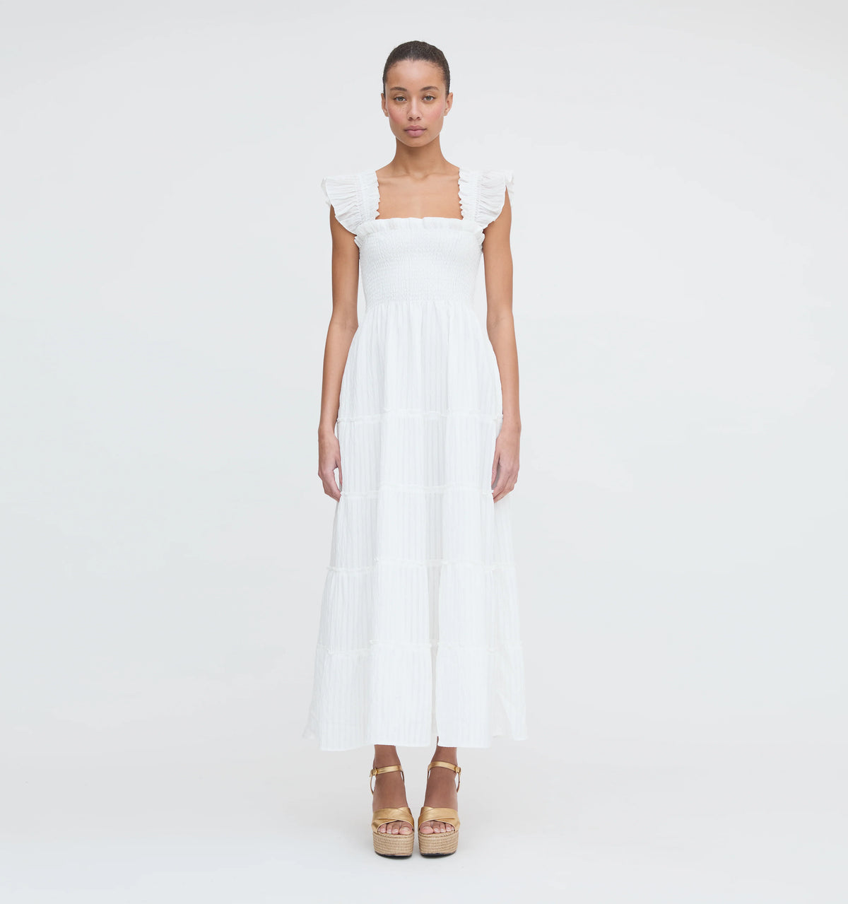 Couturebud The Ellie Maxi Nap Dress - White Tonal Seersucker