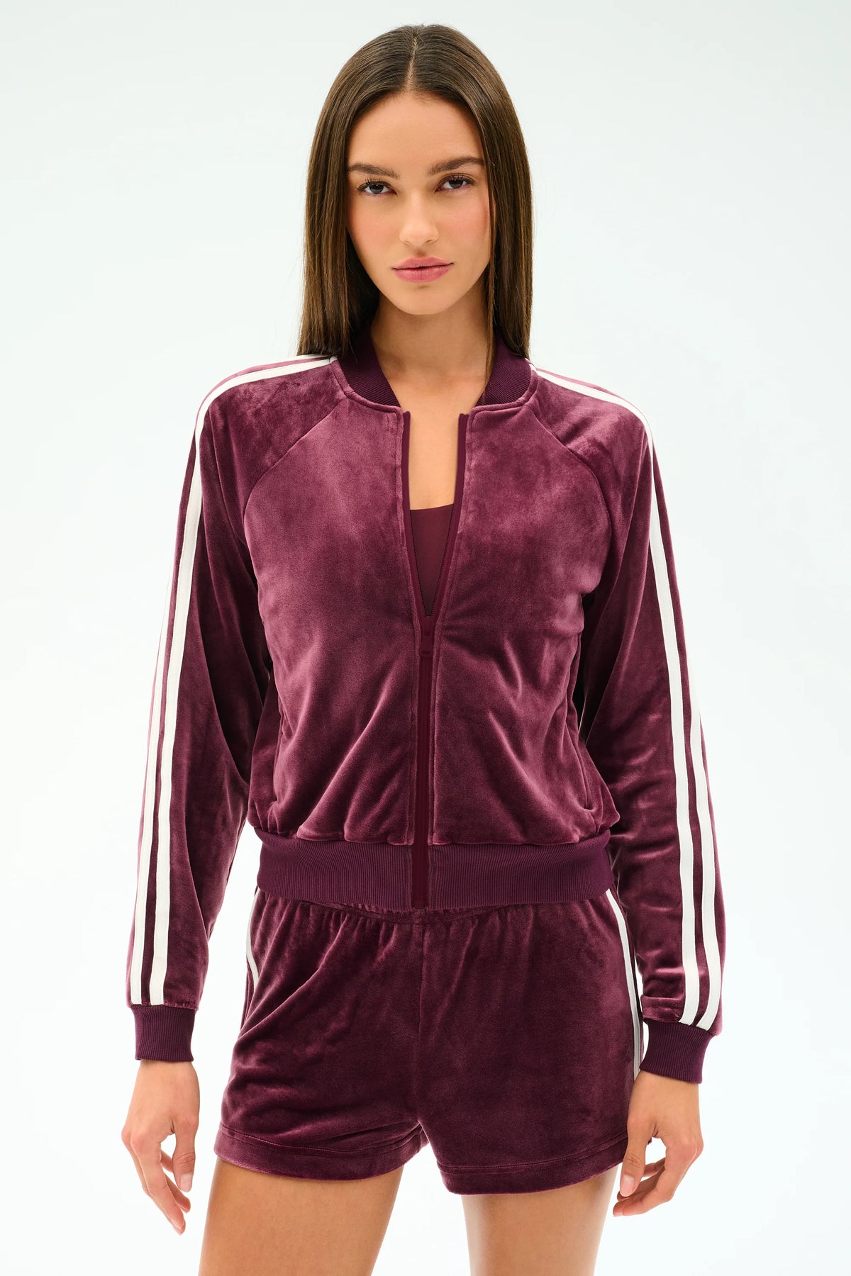 Heritage Velour Bomber - Dark Cherry/White