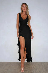 V-Neck Ruffle Hem Slit Dress