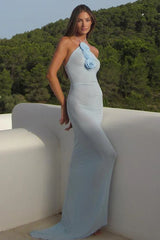 Floral Appliqué Halter Neck Maxi Dress