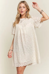 ADORA Ruffled Eyelet Round Neck Dress