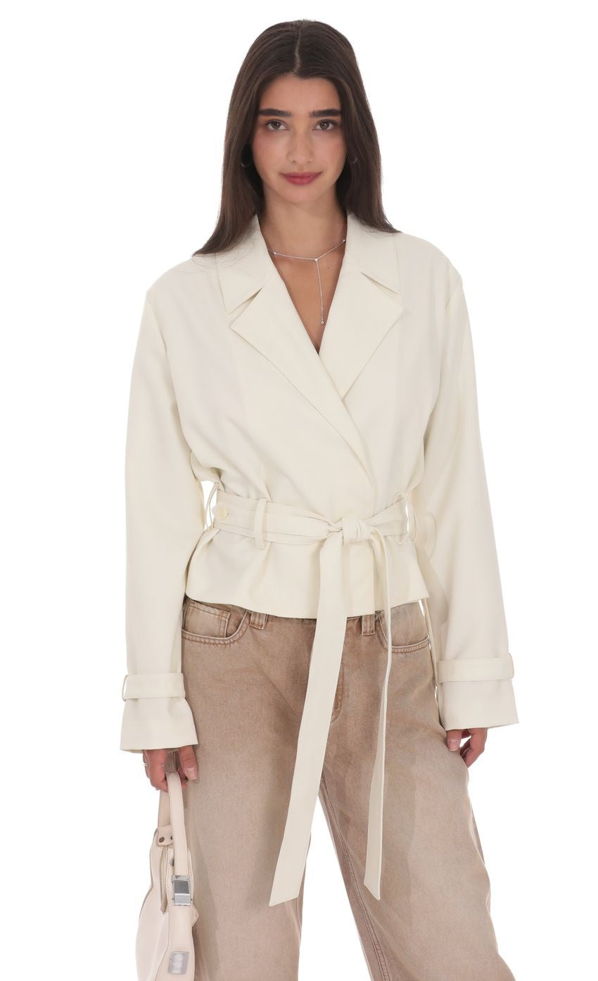 Belted Short Trench Coat in Ivory