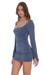 Ruched Cowl Neck Dress in Denim Blue