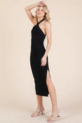 Halter Tied Criss-cross Midi Ribbed Dress