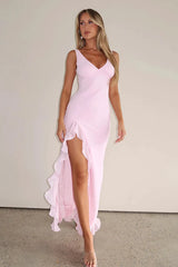 V-Neck Ruffle Hem Slit Dress