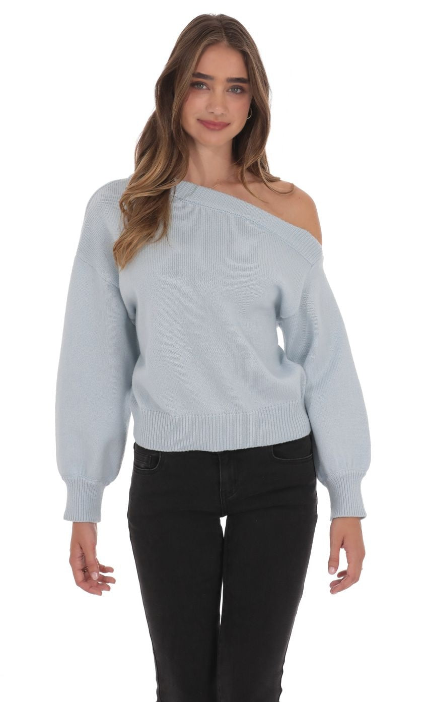 Off Shoulder Knitted Jumper in Light Blue