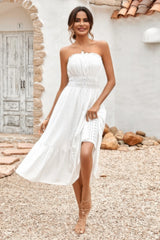 Solid Off Shoulder Elasit Waist Ruffle Dress