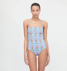 Couturebud The Giana One Piece - Blue Floral Block Stripe