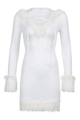 White Fur Lace-Up Hooded Dress Sexy Costume