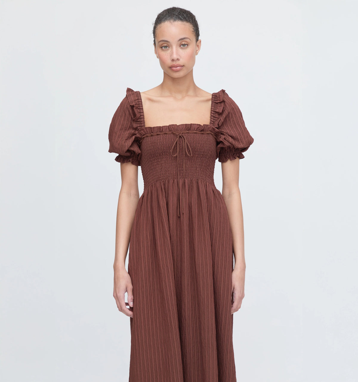 Couturebud The Scarlett Nap Dress - Chocolate Tonal Seersucker