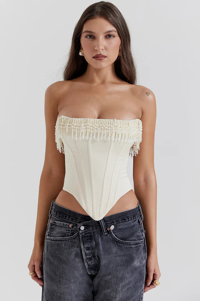 Aubrie Vintage Cream White Beaded Bra