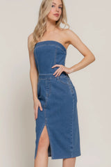 Stretch Denim Slit Tube Dress