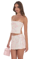 Floral Sequin Strapless Skirt in Cream
