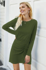 Solid Crew Neck High Waist Drawstring Dress