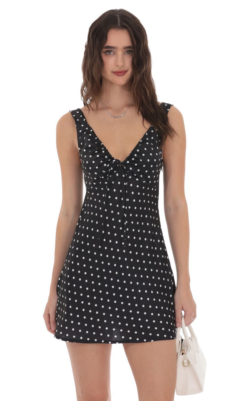 Satin Polka Dot V-Neck Dress in Black